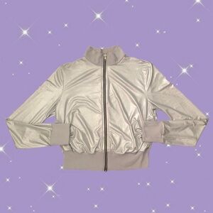 Y2K Body Central Women’s Silver Metallic Lightweight Bomber Jacket/Windbreaker